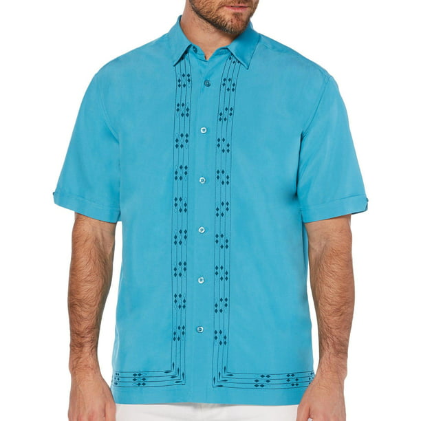 Cubavera Mens Short Sleeve Point-Collar L-Shape Embroidered Shirt 